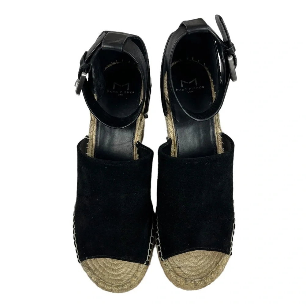 Marc Fisher Adalyn Black Suede Espadrille Platform Wedge Sandals‎ Size 10
